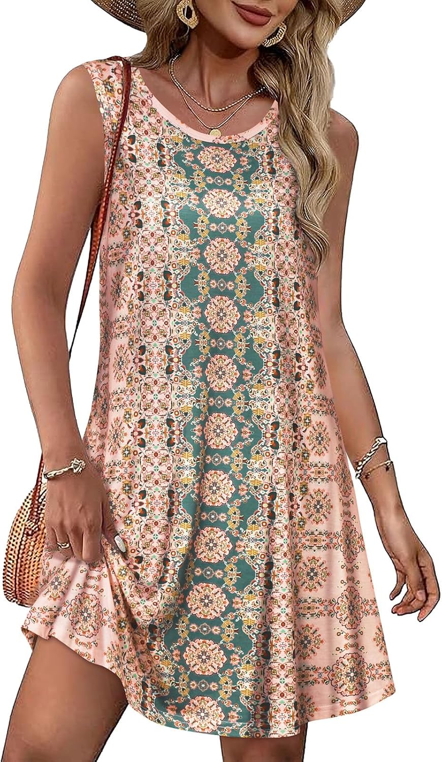 Summer Dresses for Women Beach Boho Sleeveless Vintage Floral Flowy Pocket Tshirt Tank Sundresses