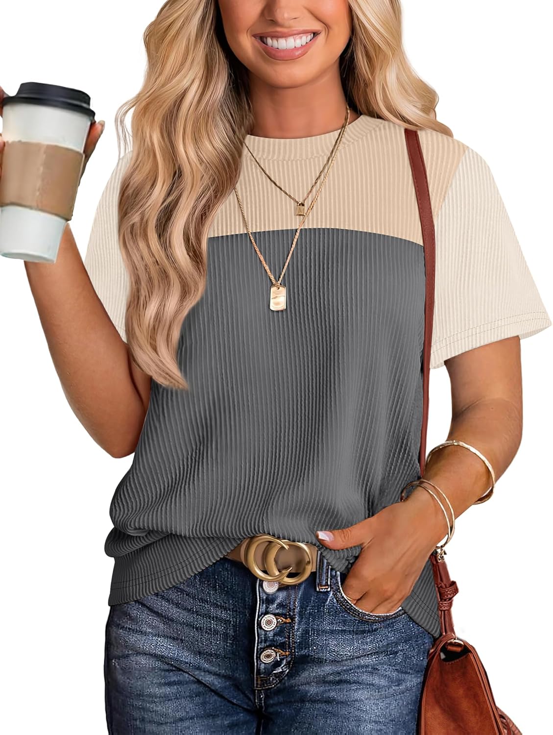 Womens Fashion 2025 Color Block Shirts Short Sleeve Crewneck Knitted Spring Summer Tops Casual Trendy