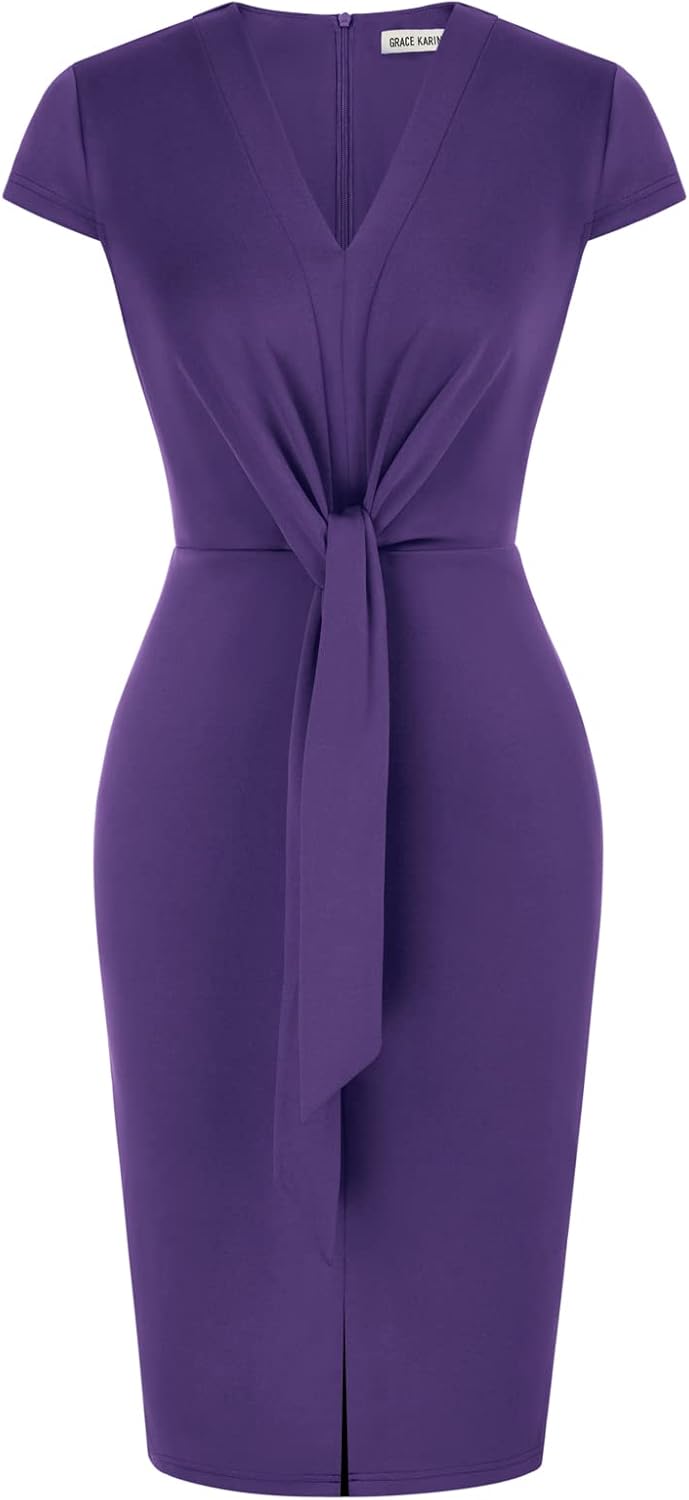 Women's Summer Midi Dresses Cap Sleeve Tie Waist Work Dress Slit V-Neck Bodycon Dress Business Casual Outfits