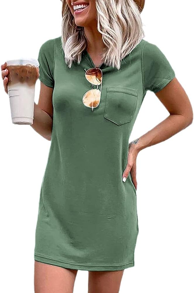 Women T Shirt Dress Summer Fashion Mini Dress Crew Neck Short Sleeve Dress Solid Color Casual Dress with Pocket
