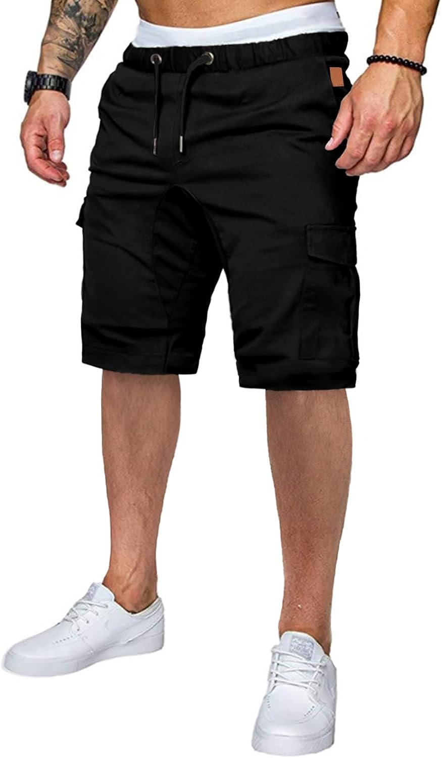 Mens Casual Cargo Shorts - Cotton Drawstring Stretch Summer Beach Shorts Twill Chino Short with 6 Pockets