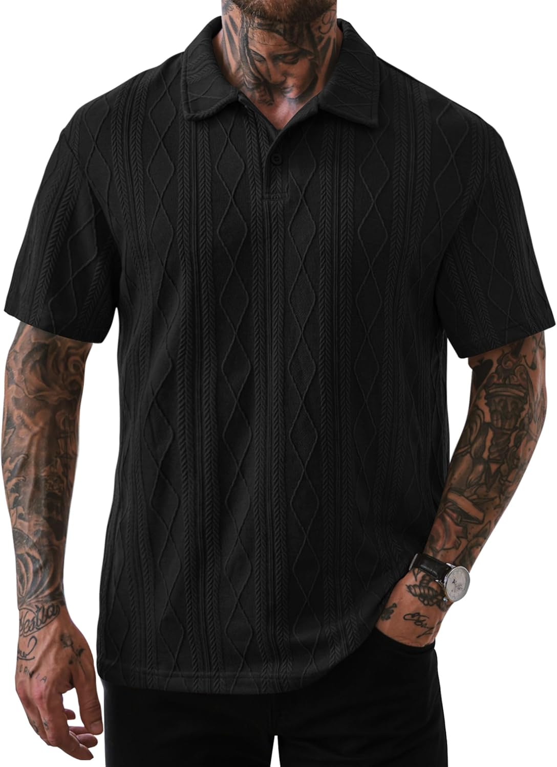 Mens Textured Knit Polo Shirts Loose Fit Stretch Casual Summer Collared Shirt (S-XXL)