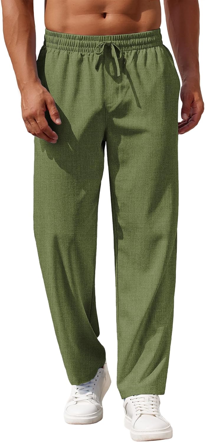 Mens Casual Pants Drawstring Elastic Waist Pants Linen Summer Beach Pants