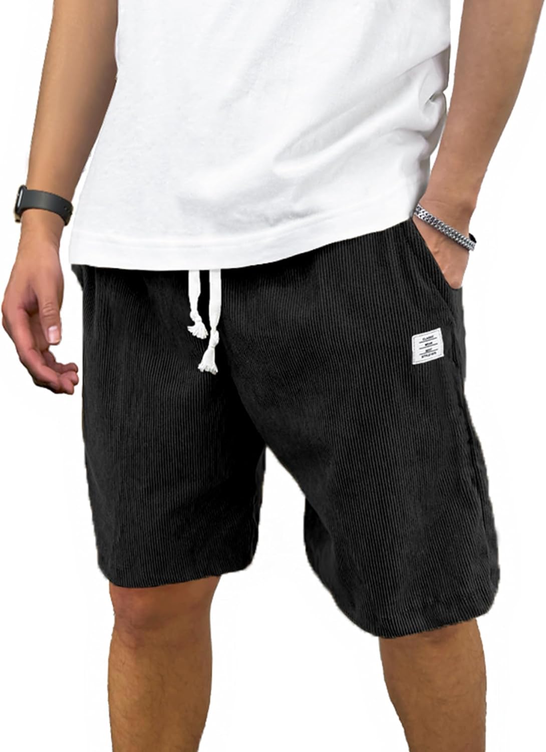 Mens Corduroy Shorts Casual 7 Inch Inseam Elastic Waist Drawstring Summer Beach Short
